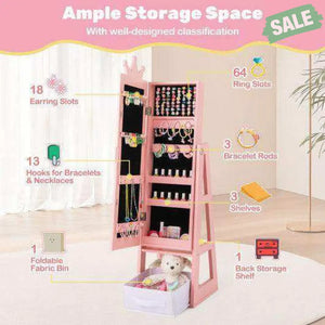 Free-Standing Full Length Kids Jewelry Armoire Cabinet with Storage Capacity-Pink Pink Kids Vanities