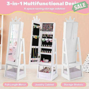 Free-Standing Full Length Kids Jewelry Armoire Cabinet with Storage Capacity-White