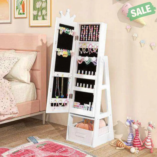 Free-Standing Full Length Kids Jewelry Armoire Cabinet with Storage Capacity-White