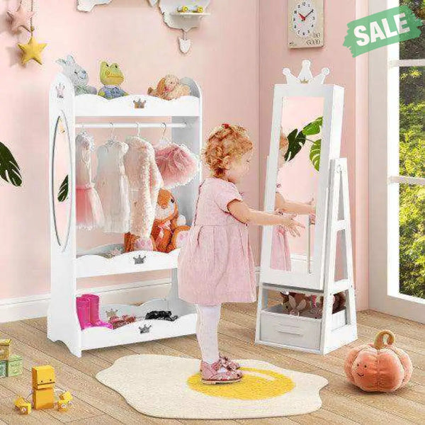 Free-Standing Full Length Kids Jewelry Armoire Cabinet with Storage Capacity-White