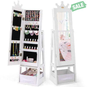 Free-Standing Full Length Kids Jewelry Armoire Cabinet with Storage Capacity-White