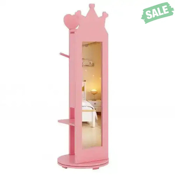 Free-Standing Full Length Mirror Kids Jewelry Armoire Cabinet-Pink Pink Kids Vanities