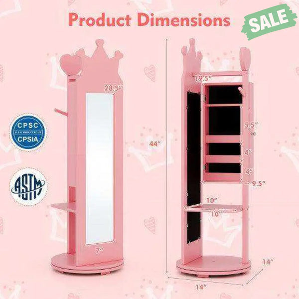 Free-Standing Full Length Mirror Kids Jewelry Armoire Cabinet-Pink Pink Kids Vanities