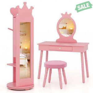 Free-Standing Full Length Mirror Kids Jewelry Armoire Cabinet-Pink Pink Kids Vanities