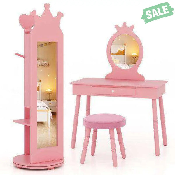 Free-Standing Full Length Mirror Kids Jewelry Armoire Cabinet-Pink Pink Kids Vanities
