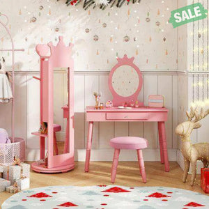 Free-Standing Full Length Mirror Kids Jewelry Armoire Cabinet-Pink Pink Kids Vanities