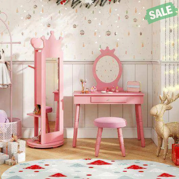 Free-Standing Full Length Mirror Kids Jewelry Armoire Cabinet-Pink Pink Kids Vanities