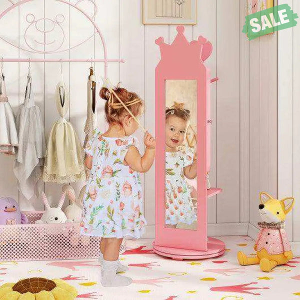 Free-Standing Full Length Mirror Kids Jewelry Armoire Cabinet-Pink Pink Kids Vanities