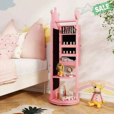 Free-Standing Full Length Mirror Kids Jewelry Armoire Cabinet-Pink Pink Kids Vanities