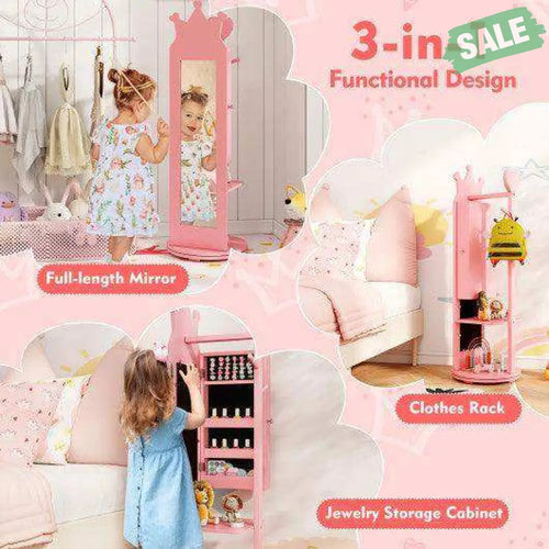 Free-Standing Full Length Mirror Kids Jewelry Armoire Cabinet-Pink Pink Kids Vanities