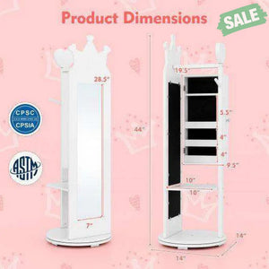 Free-Standing Full Length Mirror Kids Jewelry Armoire Cabinet-White