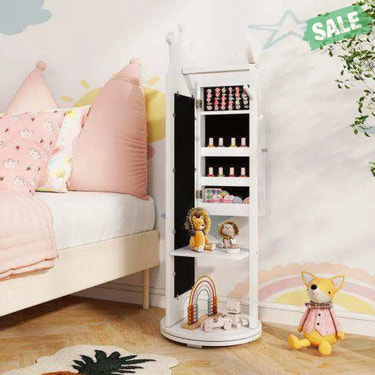 Free-Standing Full Length Mirror Kids Jewelry Armoire Cabinet-White