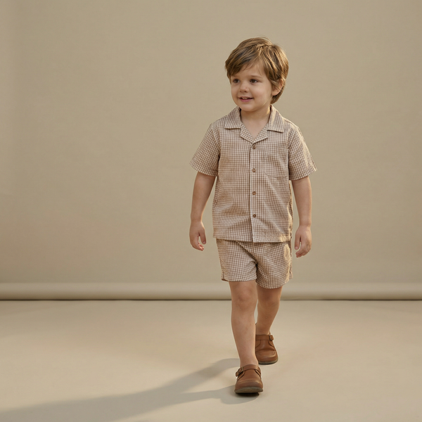 Organic Shirt & Shorts Set - Caramel Check