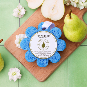 Freesia Pear Wild Flower Bath Sponge at angle 2, perfect for gentle body wash and exfoliation for babies.