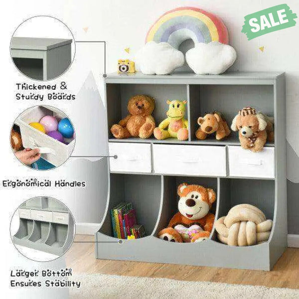 Freestanding Combo Cubby Bin Storage Organizer Unit W/3 Baskets-Brown Brown Kids Storage