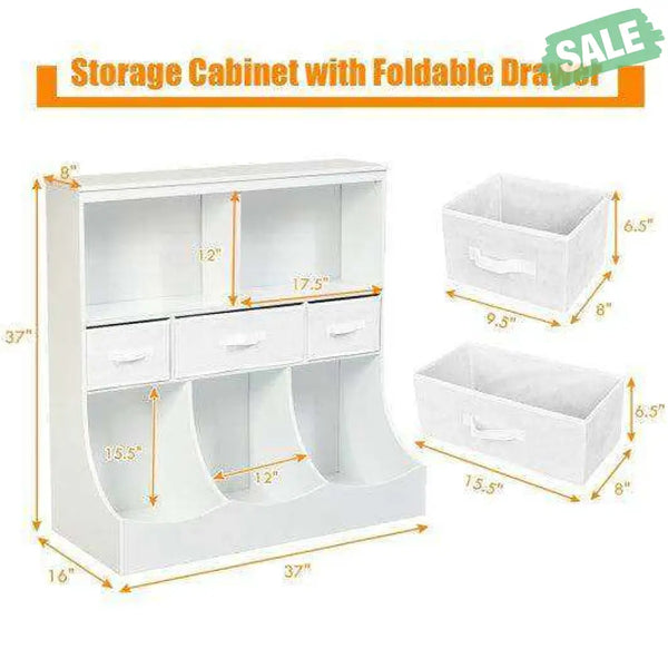 Freestanding Combo Cubby Bin Storage Organizer Unit W/3 Baskets-Brown Brown Kids Storage