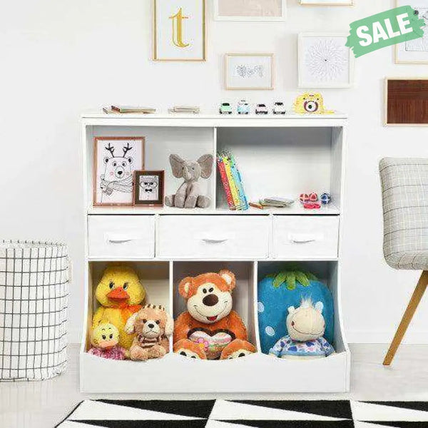 Freestanding Combo Cubby Bin Storage Organizer Unit W/3 Baskets-Brown Brown Kids Storage