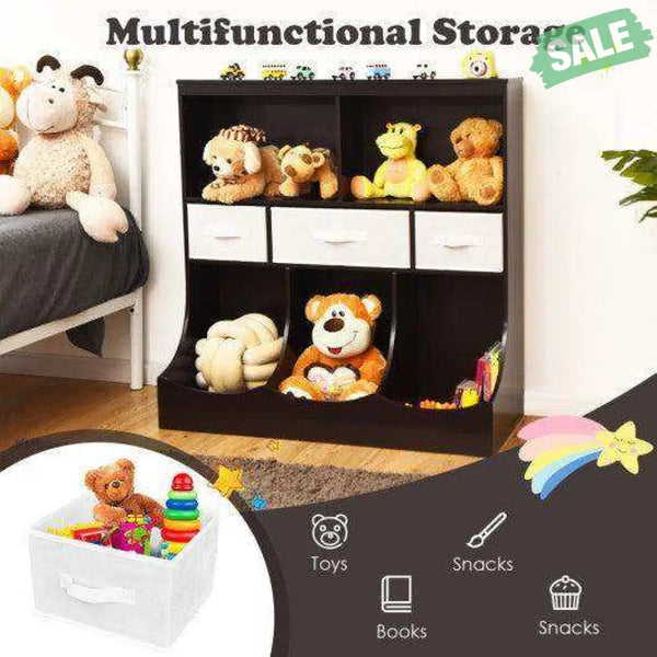 Freestanding Combo Cubby Bin Storage Organizer Unit W/3 Baskets-Brown Brown Kids Storage