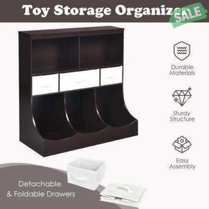 Freestanding Combo Cubby Bin Storage Organizer Unit W/3 Baskets-Brown Brown Kids Storage