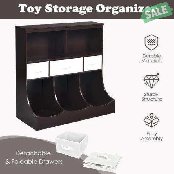 Freestanding Combo Cubby Bin Storage Organizer Unit W/3 Baskets-Brown Brown Kids Storage