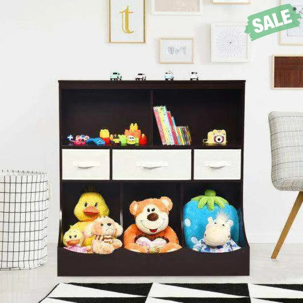 Freestanding Combo Cubby Bin Storage Organizer Unit W/3 Baskets-Brown Brown Kids Storage