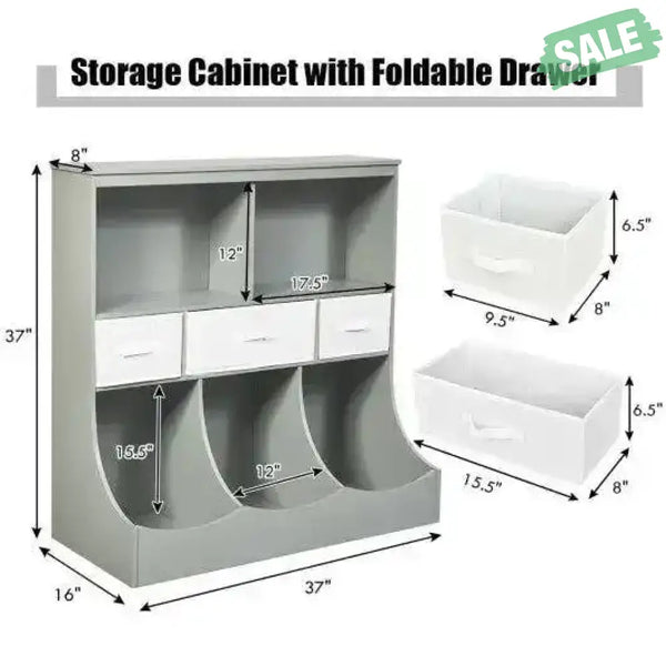 Freestanding Combo Cubby Bin Storage Organizer Unit W/3 Baskets-Brown Brown Kids Storage