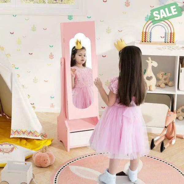 Freestanding Kids Jewelry Armoire Cabinet with Storage and 2 Tilt Angles-Pink