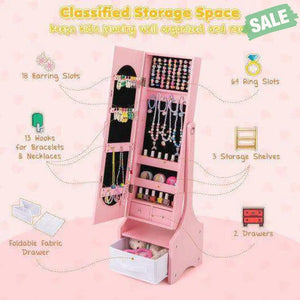 Freestanding Kids Jewelry Armoire Cabinet with Storage and 2 Tilt Angles-Pink
