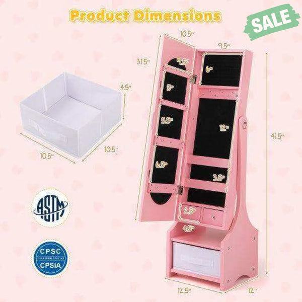 Freestanding Kids Jewelry Armoire Cabinet with Storage and 2 Tilt Angles-Pink