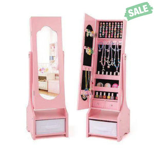Freestanding Kids Jewelry Armoire Cabinet with Storage and 2 Tilt Angles-Pink