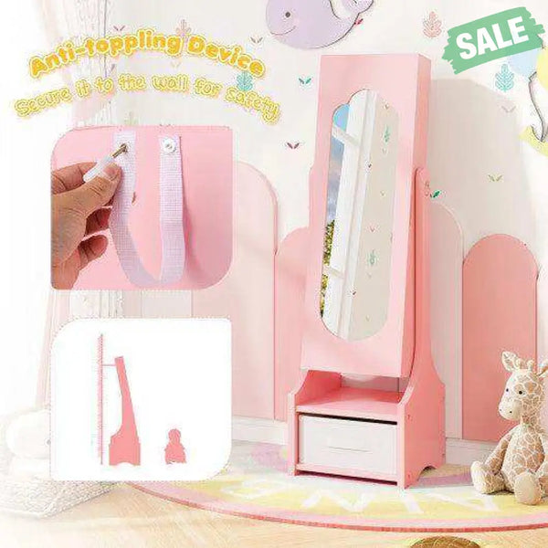 Freestanding Kids Jewelry Armoire Cabinet with Storage and 2 Tilt Angles-Pink