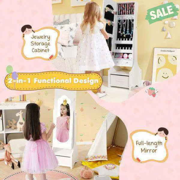 Freestanding Kids Jewelry Armoire Cabinet with Storage and 2 Tilt Angles-White White2 Kids Vanities