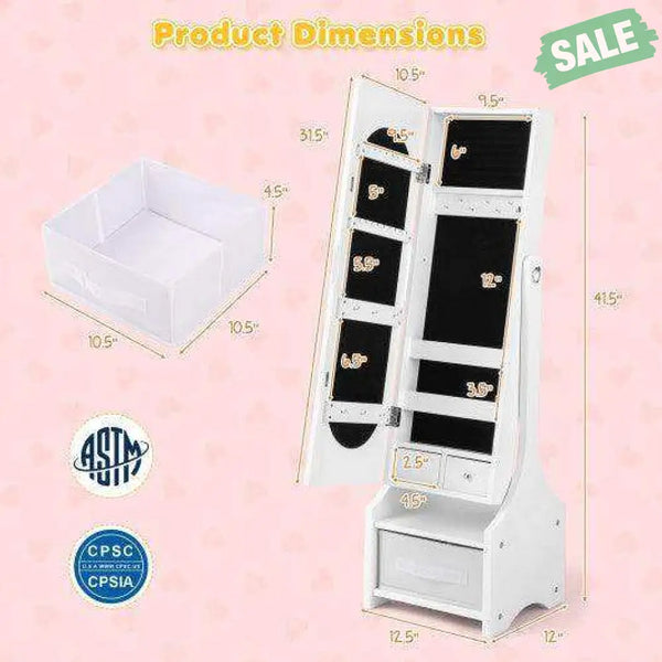 Freestanding Kids Jewelry Armoire Cabinet with Storage and 2 Tilt Angles-White White2 Kids Vanities