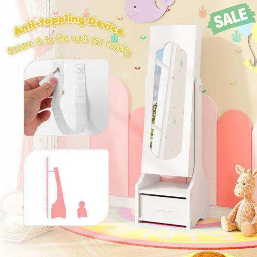 Freestanding Kids Jewelry Armoire Cabinet with Storage and 2 Tilt Angles-White White2 Kids Vanities