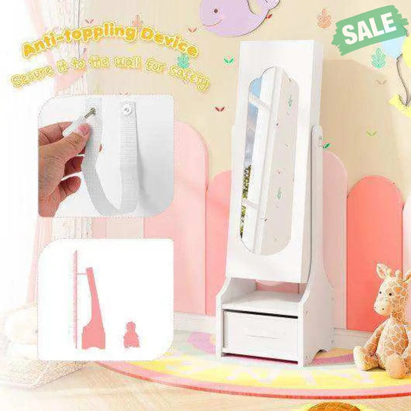 Freestanding Kids Jewelry Armoire Cabinet with Storage and 2 Tilt Angles-White White2 Kids Vanities