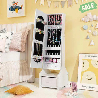 Freestanding Kids Jewelry Armoire Cabinet with Storage and 2 Tilt Angles-White White2 Kids Vanities