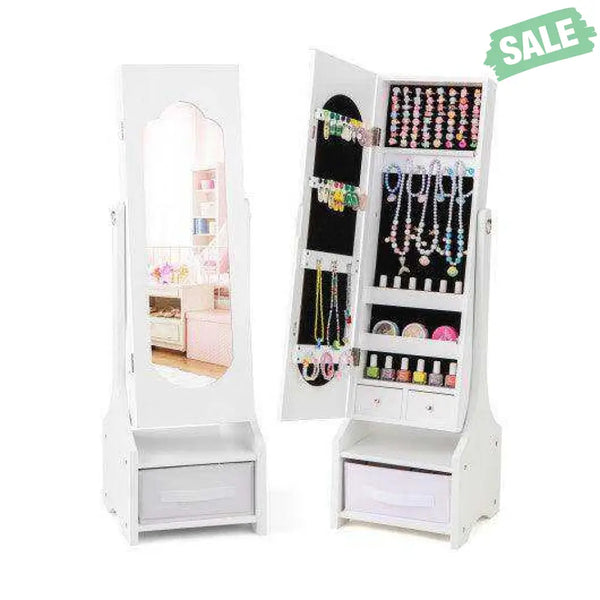 Freestanding Kids Jewelry Armoire Cabinet with Storage and 2 Tilt Angles-White White2 Kids Vanities