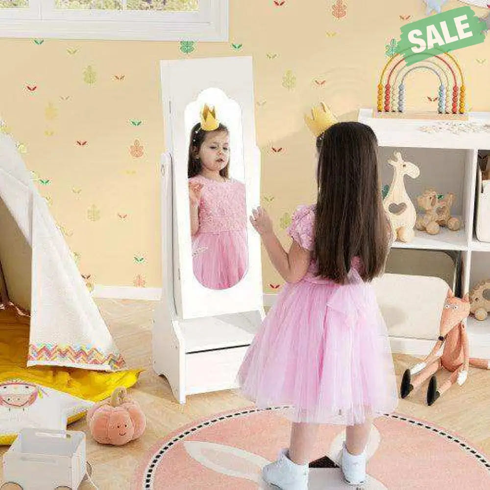Freestanding Kids Jewelry Armoire Cabinet with Storage and 2 Tilt Angles-White White2 Kids Vanities