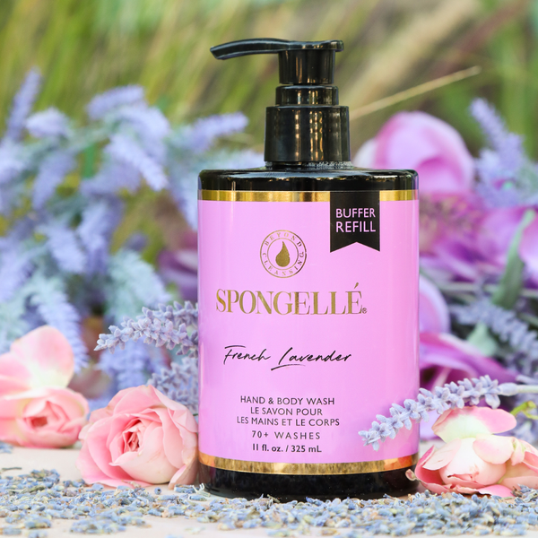 French Lavender Hand & Body Wash Refill in a sleek bottle, showcasing its elegant design from angle 2.