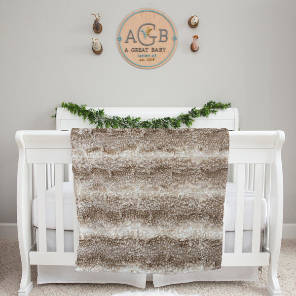Newborn Personalized Blanket – Baby Deluxe Ivory Minky Fabric Wrap with Brown Deer Print