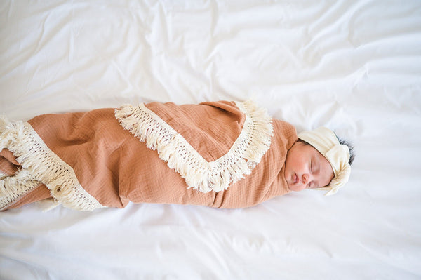 Caramel Fringe Muslin Fringe Swaddle Blanket
