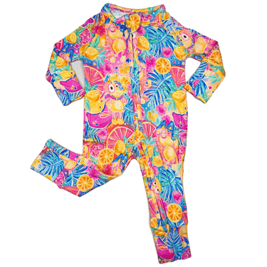 Bamboo Viscose Zippies for babies featuring a colorful fruit party design, perfect for comfort and style.