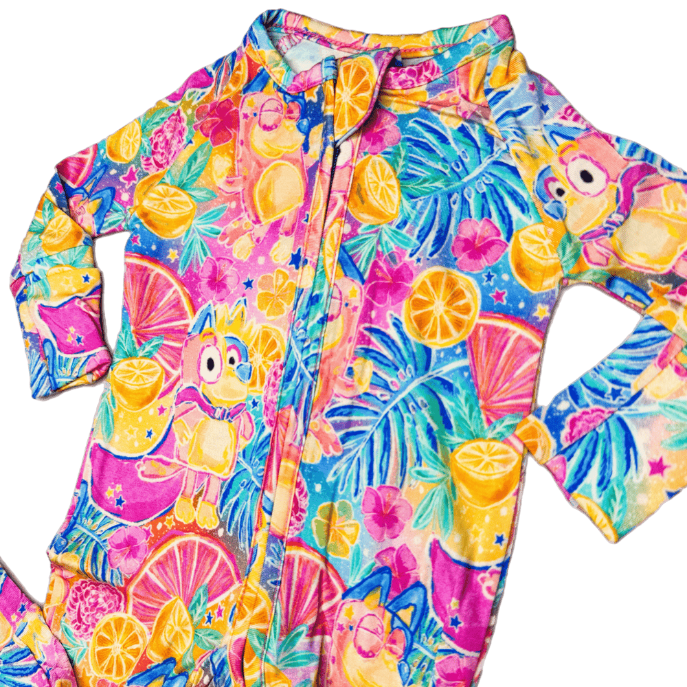 Bamboo Viscose Zippies for babies featuring a colorful fruit party design, perfect for comfort and style.