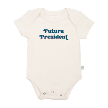 "Graphic short sleeve bodysuit for babies, featuring 'Future President' design."