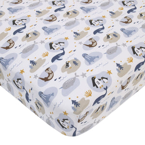 Arctic Adventure Light Blue, White, Taupe and Navy Whales, Walrus, and Otter 4 Piece Nursery Crib Bedding Set - Comforter, 100% Cotton Fitted Crib Sheet, Crib Skirt, and Storage Caddy