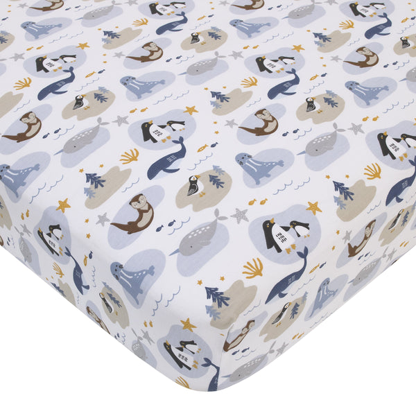 Arctic Adventure Light Blue, White, Taupe and Navy Whales, Walrus, and Otter 4 Piece Nursery Crib Bedding Set - Comforter, 100% Cotton Fitted Crib Sheet, Crib Skirt, and Storage Caddy