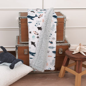Explore Dream Discover Light Blue, Navy, Gray and Coral Super Soft Sherpa Baby Blanket