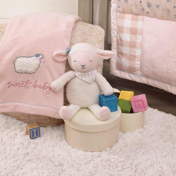 Farmhouse Chic Pink and White Super Soft Plush Stuffed Animal Lamb with Bandana - "Meadow"