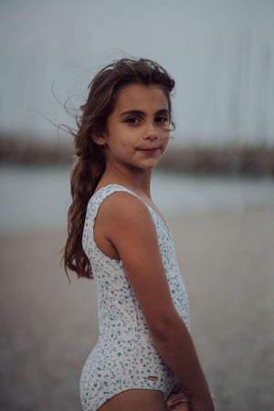 Sweetheart 1 Piece Swimsuit in Scandi Floral, UPF + Recycled, shown from angle 2. Perfect for stylish baby swimwear.