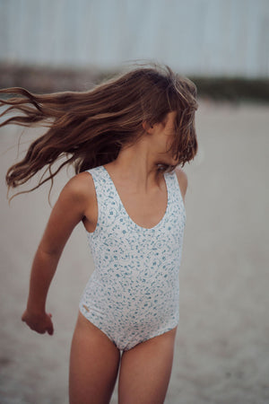 Sweetheart 1 Piece Swimsuit in Scandi Floral, UPF protection, eco-friendly design, angle view.